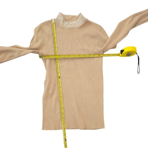 Calvin Klein Ribbed Mock Neck Sweater XS Camel Neutral Minimalist Knit Top - Picture 4 of 5